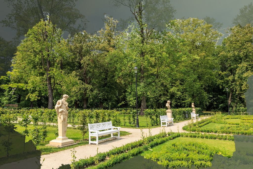 Park Miejski w Skierniewicach, który tworzą ścieżki w układzie geometrycznym, przy których stoją rzeźby oraz białe ławki. Teren między ścieżkami porasta zielony trawnik oraz zielone krzewy. W tle są gęsto porośnięte duże, zielone liściaste drzewa.