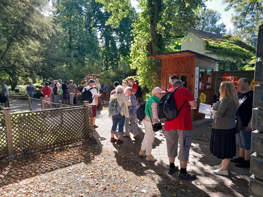 Grupa ludzi wchodzących do Arboretum w Rogowie. Przewodnicy w czerwonych koszulkach sprawdzają bilety. W tle drewniana kasa biletowa.